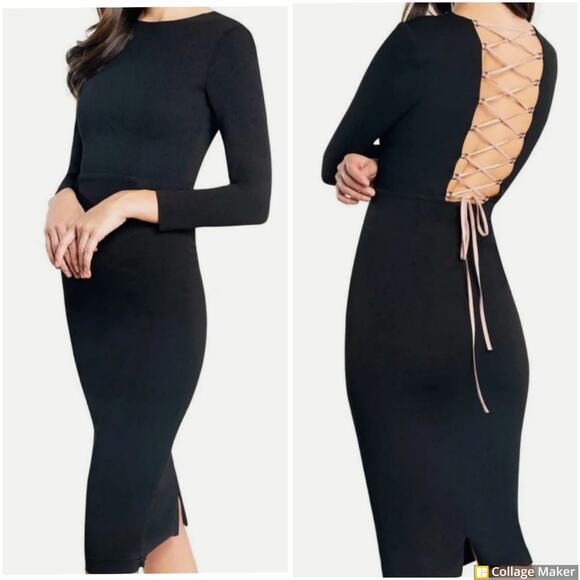 NWT Dress the Population Silas Lace-Up Back Dress Black Midi Women's Size M - Picture 1 of 10